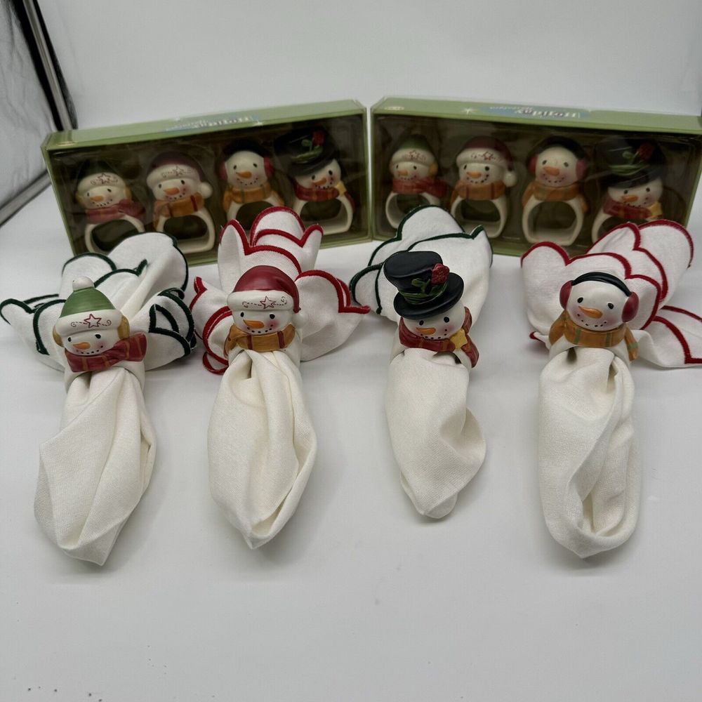 Holiday‎ Nostalgia Snowman Napkin Ring Holder Ceramic 3" Christmas Lot-12 Rings